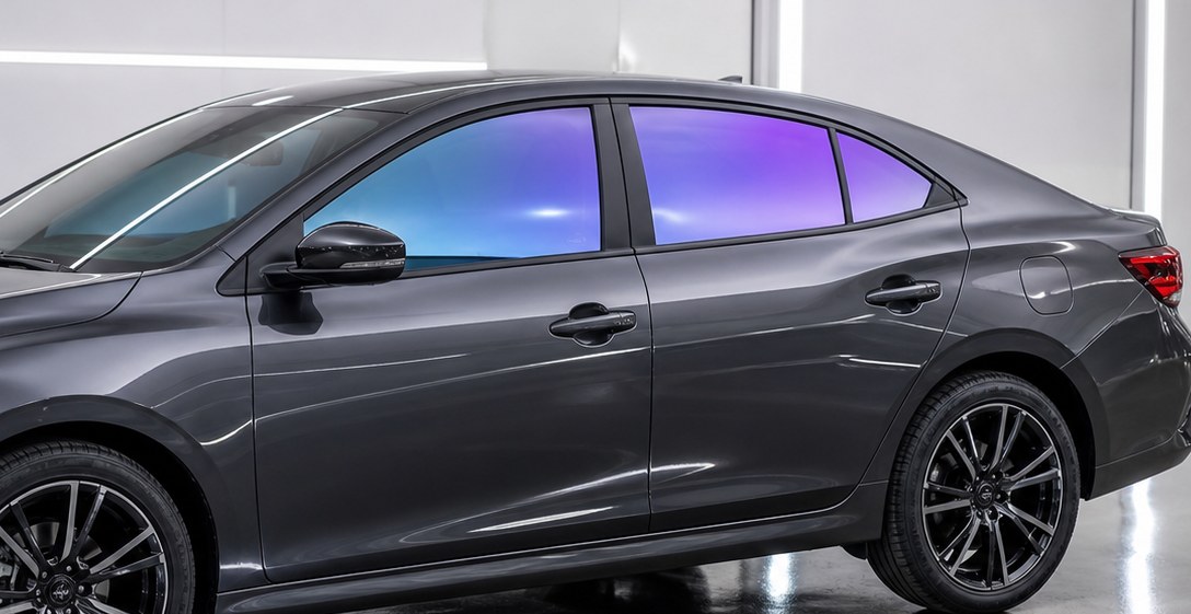 Automotive windows with color-shifting window tint film